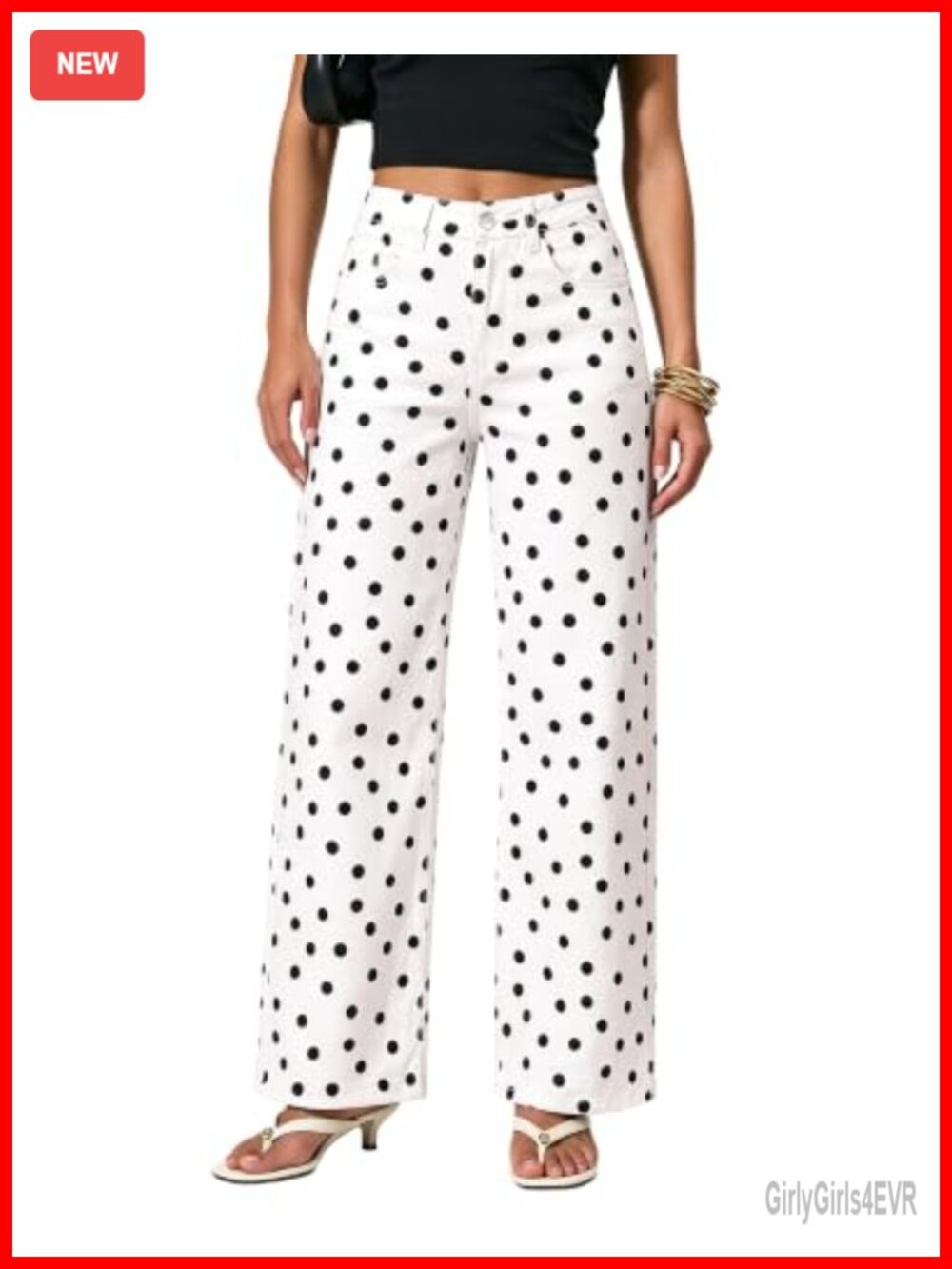Wide Leg Jeans High Waisted Polka Dot Stretch Denim